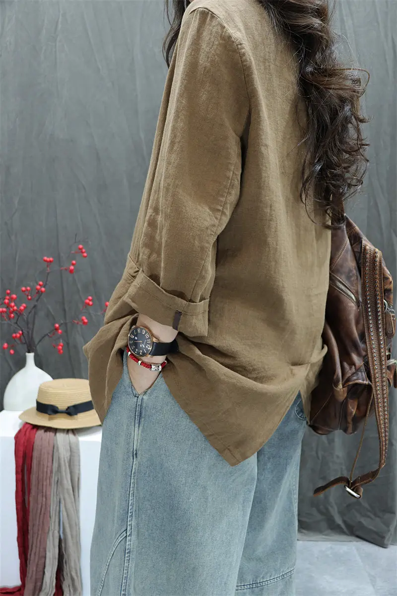 Retro Solid Color Women Cotton Linen Casual Blazer Korean Style Simple Basic Long Sleeve Loose Outerwear Coats