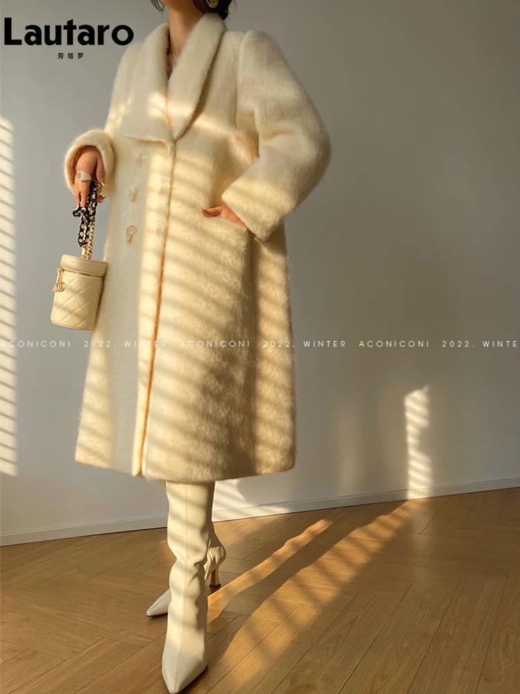 Lautaro Winter Long Vintage White Thick Warm Fluffy Wool Blends Coat Women Double Breasted Elegant Luxury Designer Clothes 2023