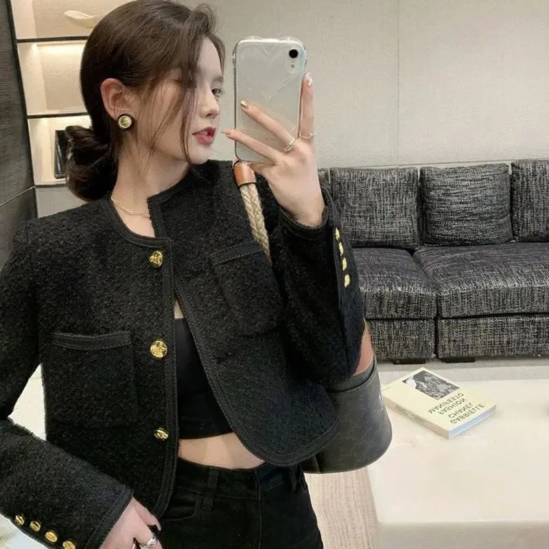 Xpqbb Cropped Tweed Jacket Women Vintage Aesthetic Single-breasted Black Jackets Korean Chic Long Sleeve O-neck Cardigan Coat