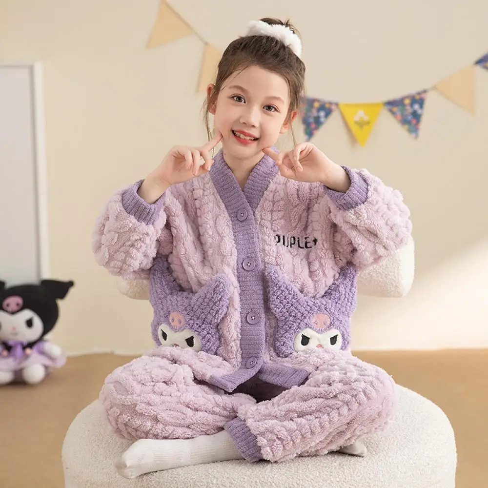 

Sanrio Kuromi Children Pajamas Set Kawaii Pompom Purins Anime Cartoon Boy Girl Loose Flannel Winter Warm Cute Fashion Home Wear