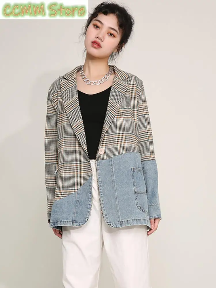 Women Blue Plaid Denim Big Size Blazer New Lapel Long Sleeve Loose Fit  Jacket Fashion Tide Spring Autumn