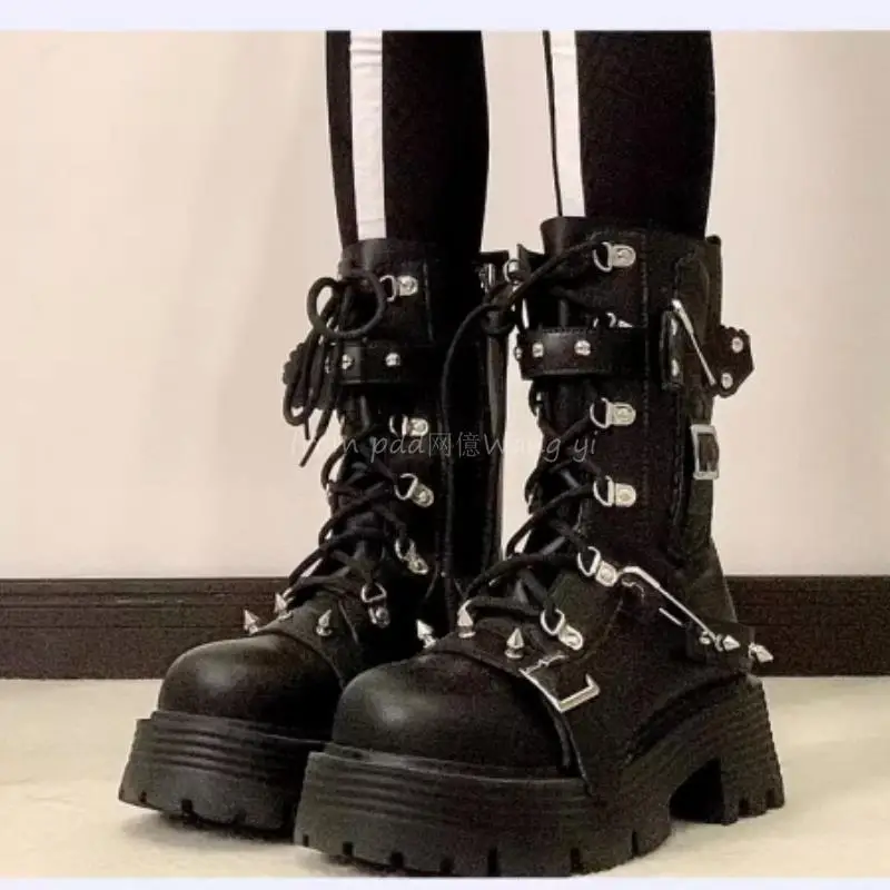 

Thick Bottom Chain Rivet Sweet Cool Babes Lolita Women's Autumn British Style Y2K Punk Vintage Medium Tube Boots 8cm
