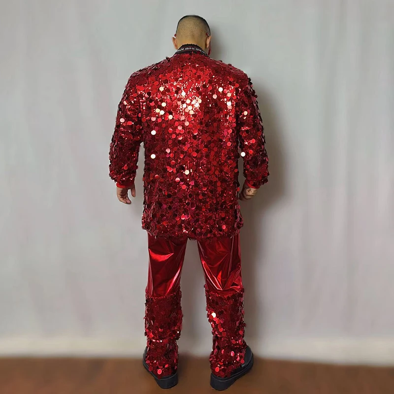 Strój do jazzu dla dorosłych, męski kostium sceniczny, czerwona cekinowa kurtka bejsbolówka, strój dla piosenkarza, męski strój na imprezę gogo, ubrania rave yk