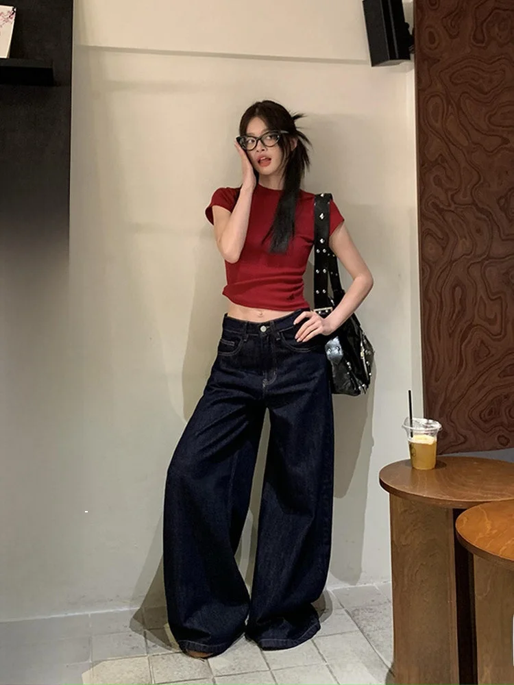 

Deep Blue Straight Leg Jeans Women's Summer New Small Size Vintage Loose Wide Leg Pants Knife Pants Loose Fit Jeans