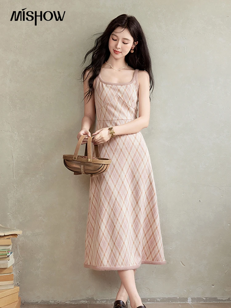 MISHOW French Vintage Dress O Neck Knitted Cardigan Separately Women Sweet Knitted Short Sweater Plaid Camisole Dress MXD43L2012