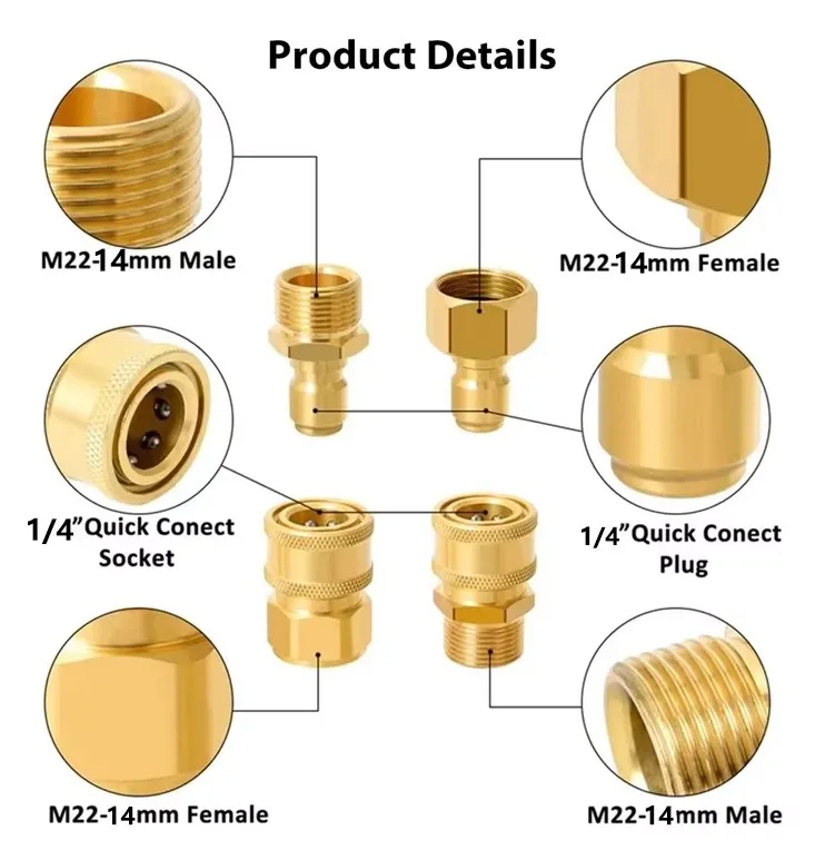 Brass M22-14mm/15mm to 1/4 Inch Pressure Washer Adapter Set Quick connection & Disconnect for Power Washer Hose Pump 5000 PSI