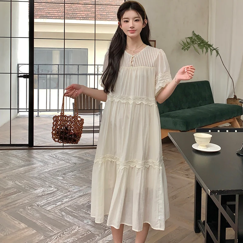 

Summer Maternity Long Loose Dress Short Sleeve V-neck Lace Patchwork Pregnant Woman Pleated Dress Elegant Pregnancy A-line Dress