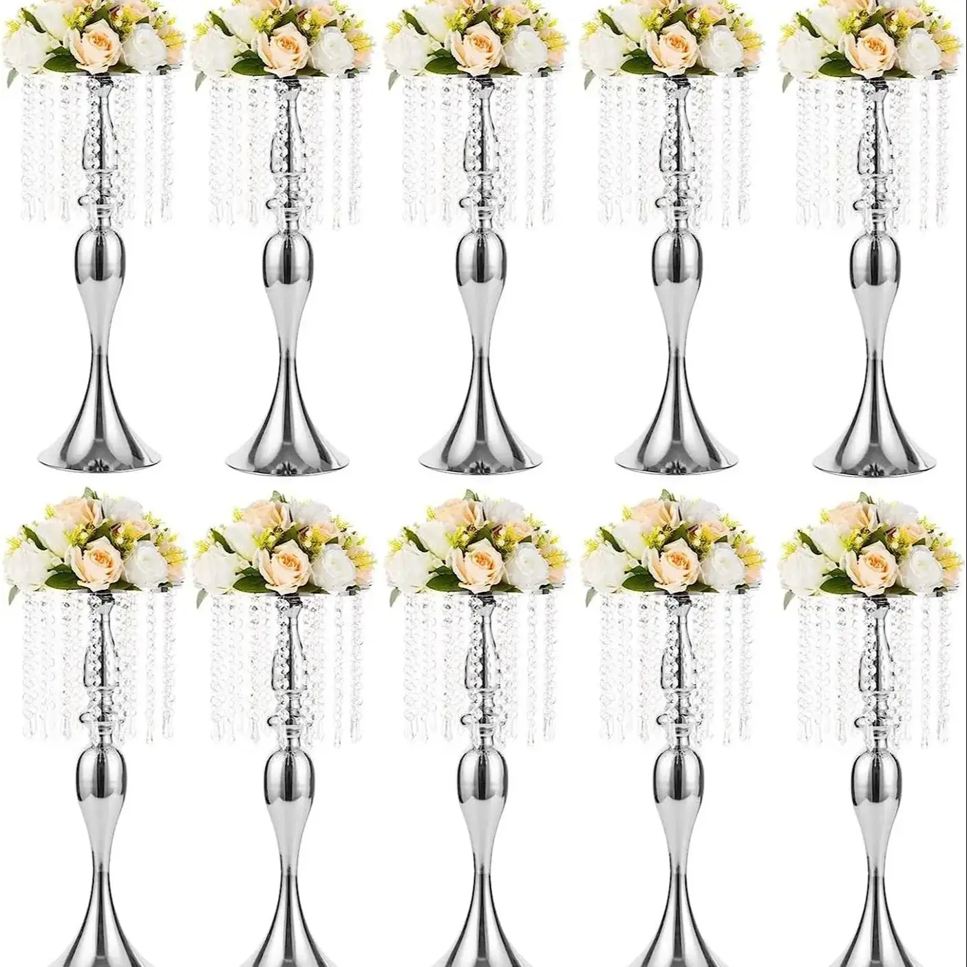 10 Pcs Wedding Centerpieces Vase for Tables, 54cm Tall Metal Gold Vases with Crystal Bead Chain for Wedding, Artificial