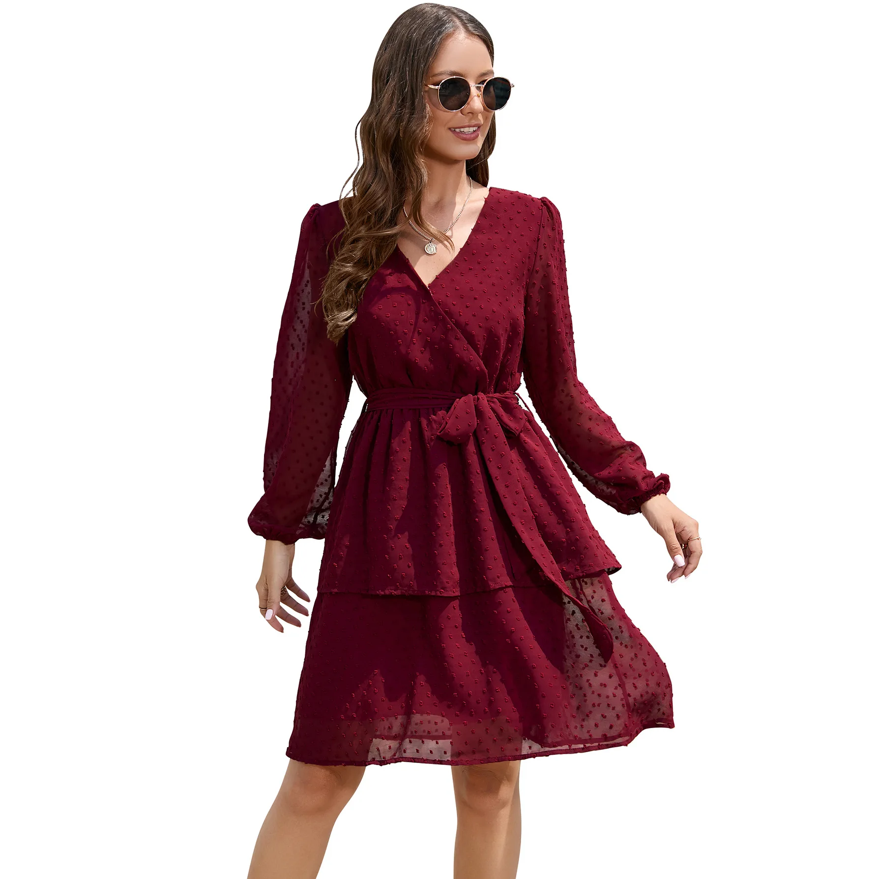 2024 Women's Summer Dress Chiffon V-neck Dress Female Long Sleeved Cocktail Dress For Women Polka Dot Jacquard Lace Dress