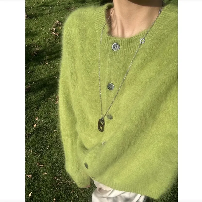 Chaqueta tipo suéter verde holgada y de alta gama con cuello redondo para mujer, ropa de otoño e invierno, cárdigan grueso suave y de felpa