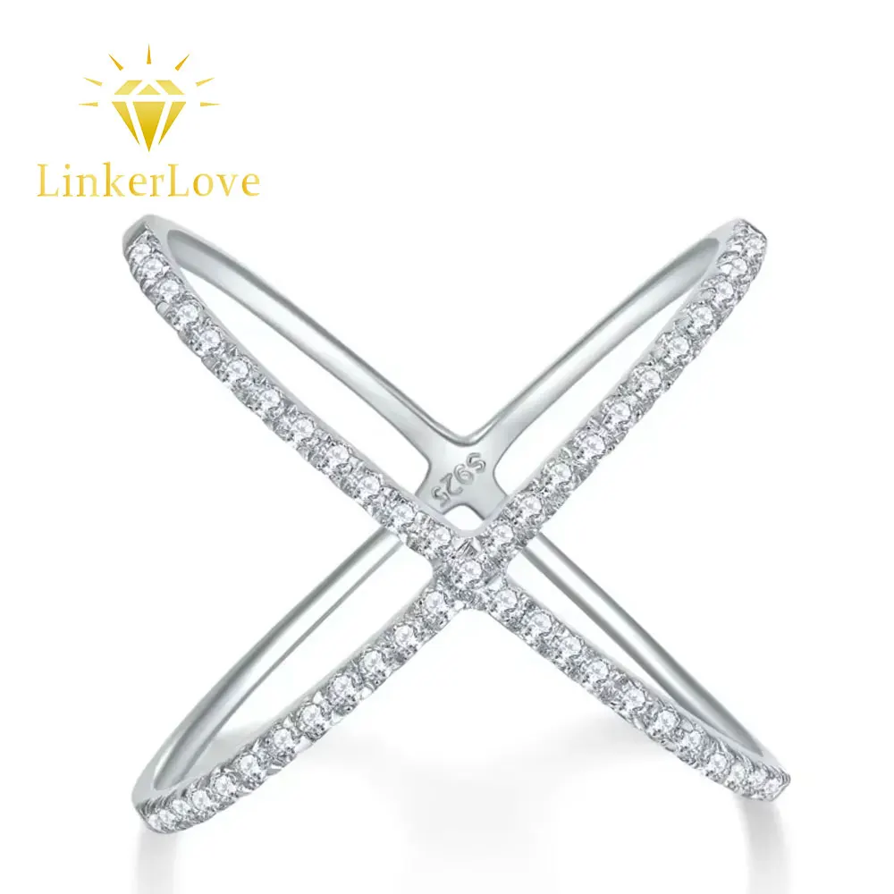 LinkerLove Moissanite X Ring VVS1 Lab Created Diamond Halo Ring S925 Sterling Silver Criss Cross Wedding Band 2025 Trend Jewelry