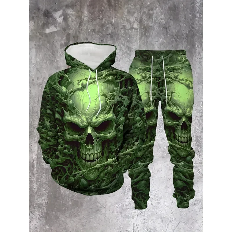Dark Fluorescent Green Skull Hoodie 2 Piece Set Men Autumn Winter New Outdoor Streetwear Casual Sweatshirt Pants Tracksuit