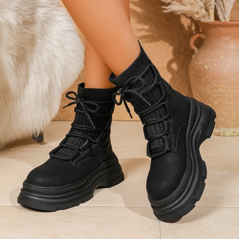 

2025 New Fashionable Versatile Spring Autumn New Thick Soled Height Increasing Lace Up Short Boots Elegant Simple Women's Shoes
