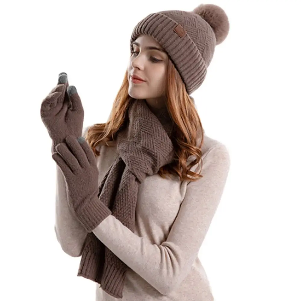 3Pcs/Set Winter Touchscreen Knitted Hat Neck Protection Soft Beanies Hat Warm Windproof Scarf Gloves Set Men Women