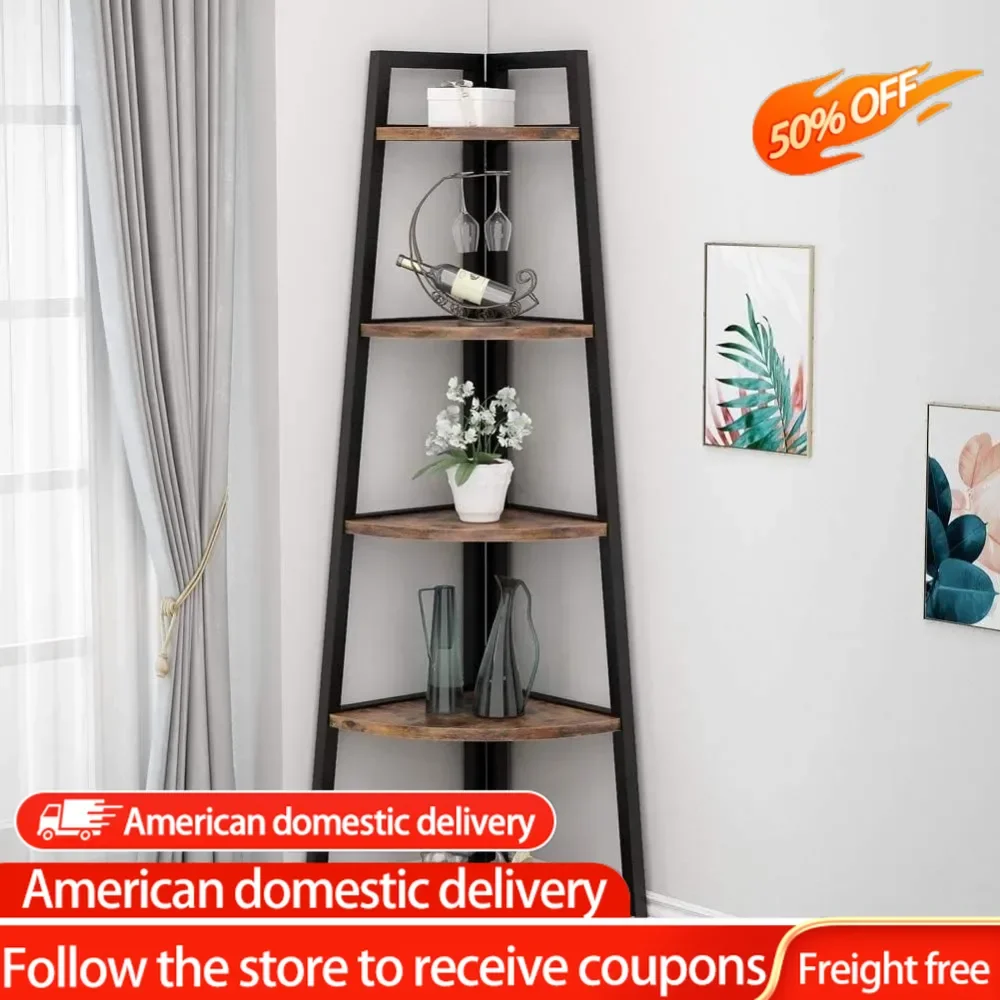 70 inch Tall Corner Shelf, 5 Tier Rustic Corner Bookshelf Bookcase Industrial Corner Ladder Shelf Plant Stand for Living Room