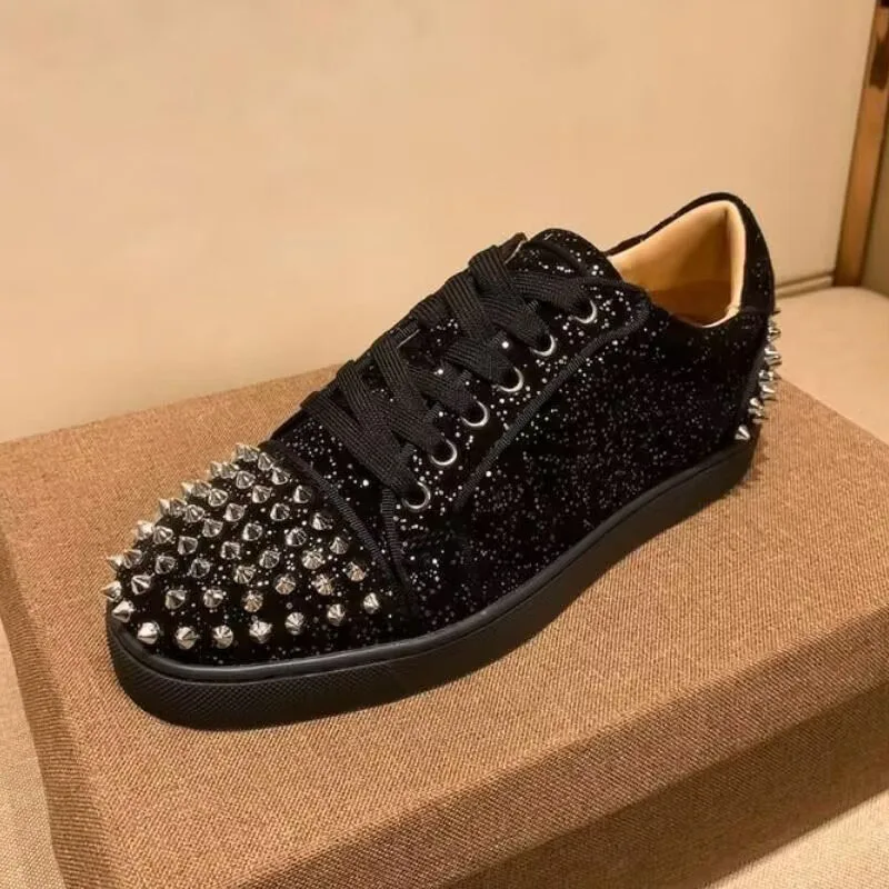 men\'s casual genuine leather rivets shoes lace-up flat studded shoe punk rock dress black trendy sneakers youth footwear zapatos