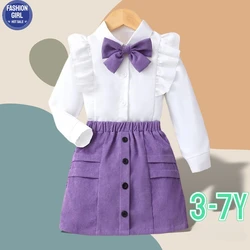 Girl Clothes Children Sets Autumn Kids Girl Outfit Long Sleeve White Shirt + Purple Skirt 2Pcs School Fashion Elegant 3-7 Yrs