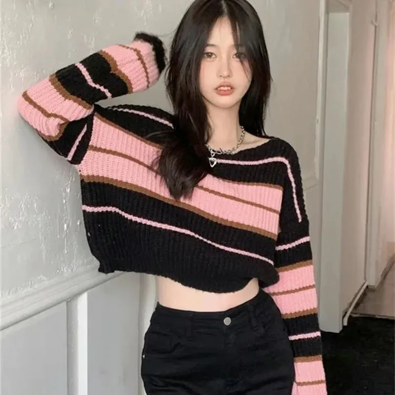 Xpqbb Y2K Street Sweaters Women Korean Style Striped Cropped Sweater Female Autumn Long Sleeve O-Neck Knitted Pullovers Tops