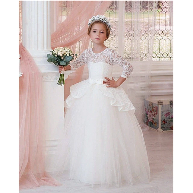 Ivory, Cream, White Tulle buying and Lace Flower Girl Tiered Tea-length Dress