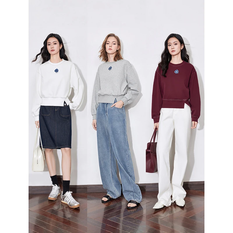 TOYOUTH Women Hoodies Sweatshirt 2025 Spring New Open Split Slim Waist White Short Pullover Tops