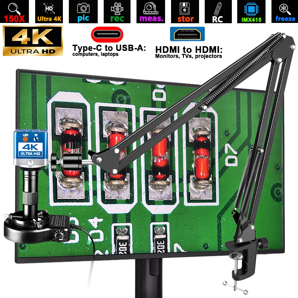 YIZHAN 4K 60MP Electronic Digital Microscope With Free Software, 150X Soldering Microscope for PCB Inspection Repair, Boom Arm