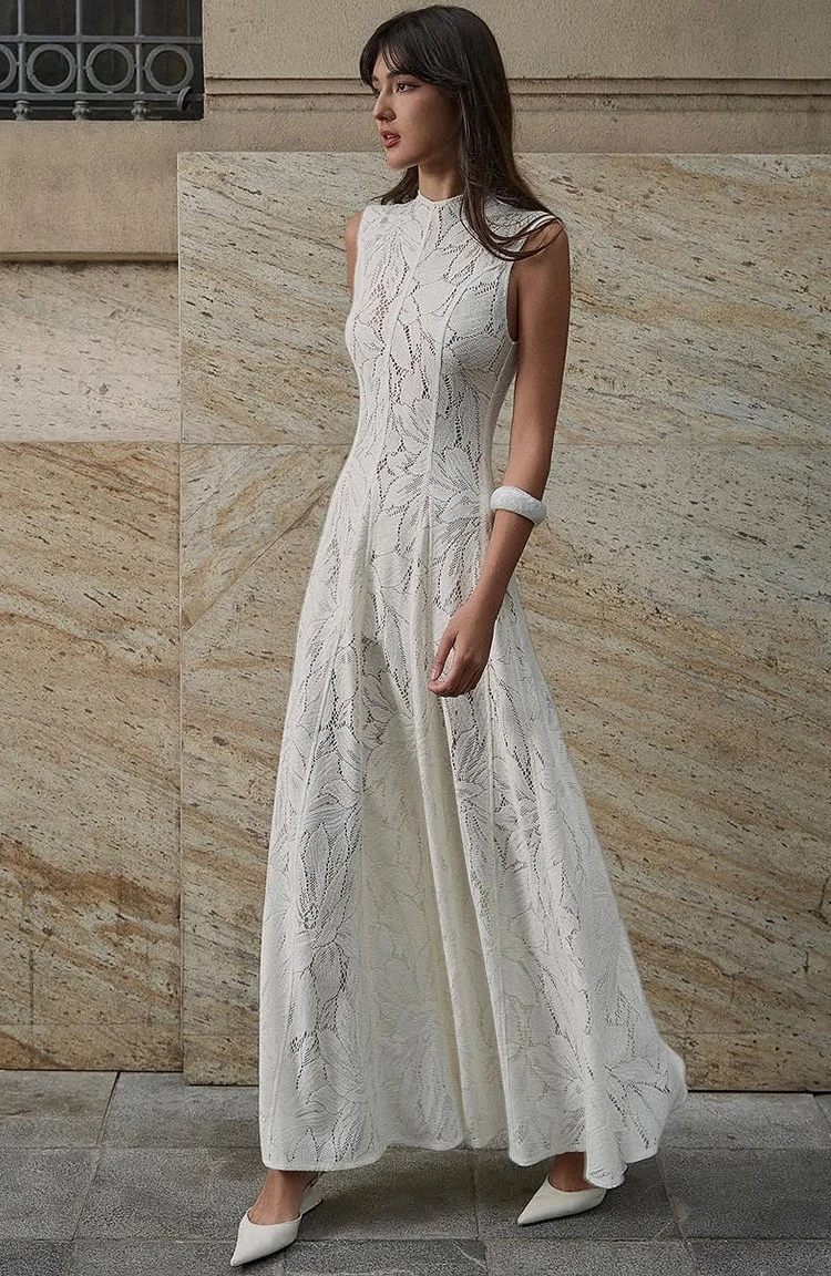 

Элегантное белое кружевное тонкое платье с вышивкой, весеннее женское большое свободное платье без рукавов, летнее платье длиной до колена с высокой талией и круглым вырезом
