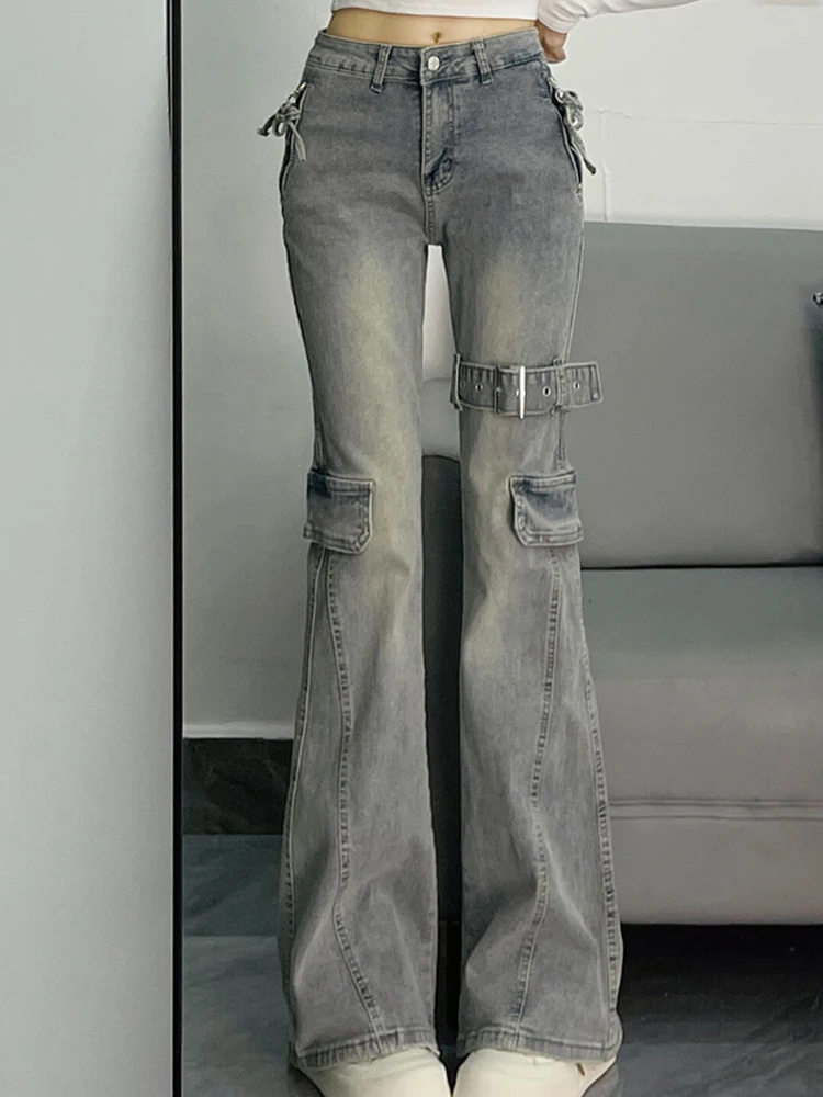 

Autumn Vintage Y2k Fashion Streetwear Trousers Women Heavy Industry Solid Color Splicing Design Sense Micro Flared Jeans