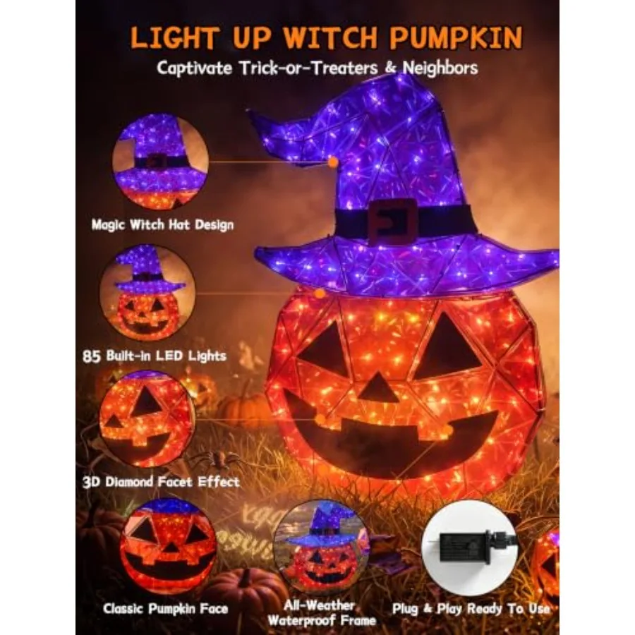 Outdoor Halloween decoration: 24-inch light-up pumpkin witch hat in orange, featuring 85 glowing LEDs and 3D diamond facet effe
