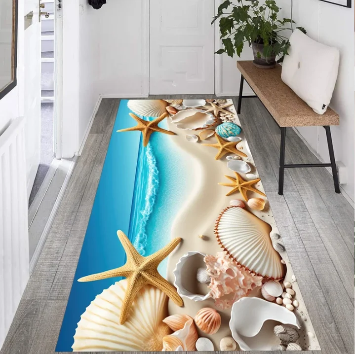 Ocean Beach Runner Rug Coastal Hallway Runner, Sea Wave Shore Rug Non Slip Long Runner Beach House Home Decoration