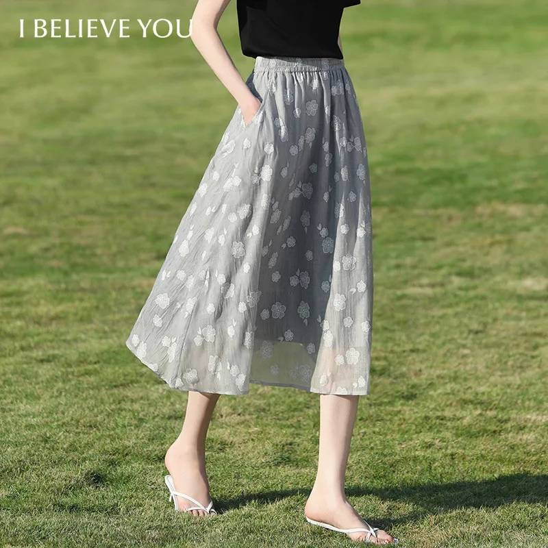 I BELIEVE YOU Leisure A-Line Skirt 2026 Summer New Elastic Waistband Floral Print Pocket Breathable Elegant Skirt 2261026247
