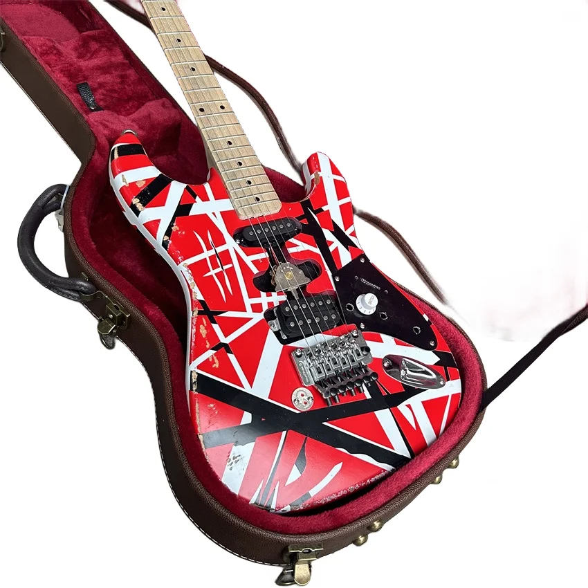 Stock Edward Eddie Van Halen Heavy Relic Red Franken Electric Guitar Black White Stripes Floyd Rose Tremolo Bridge Slanted