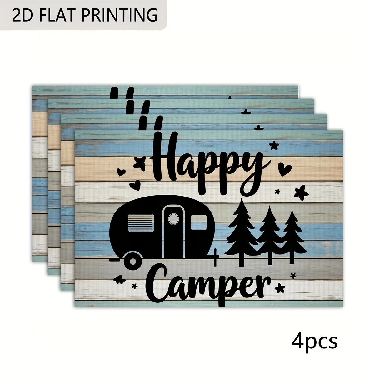 Placemat Set for Dining Table, Camper Tree Happy Pattern Popular Home Placemats, Seasonal Holiday Decoration Rustic Vintage