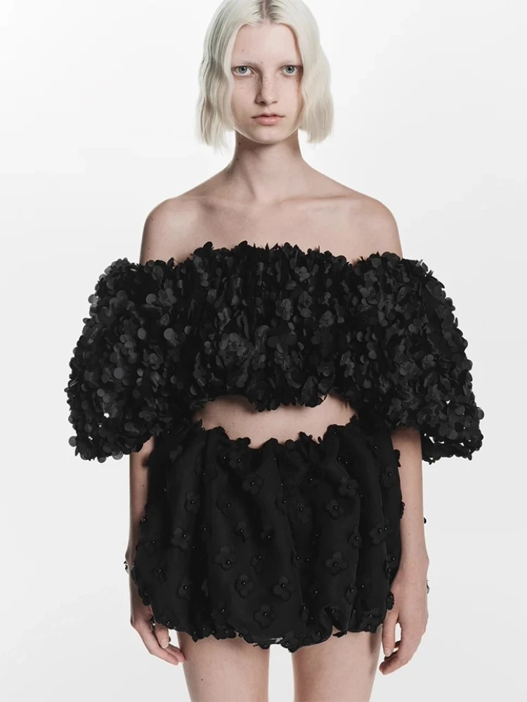 Faldas de estilo japonés a la moda, faldas de brotes dulces, novedad de verano, minifalda tridimensional con cuentas de flores para niñas y mujeres, color blanco y negro 2025