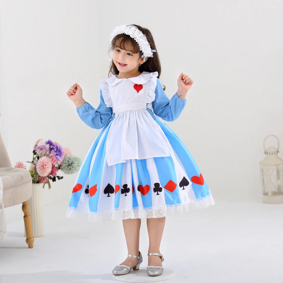 Girls Alice Costume Lolita Cosplay Princess Dress Halloween Carnival Masquerade Party Clothes Kid Blue Maid Apron Outfit 18M-10T