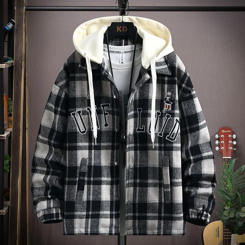 

Модная мужская куртка в клетку с капюшоном, весна 2024, молодежная универсальная верхняя одежда из нейлоновой ткани, на одной пуговице, с длинными рукавами