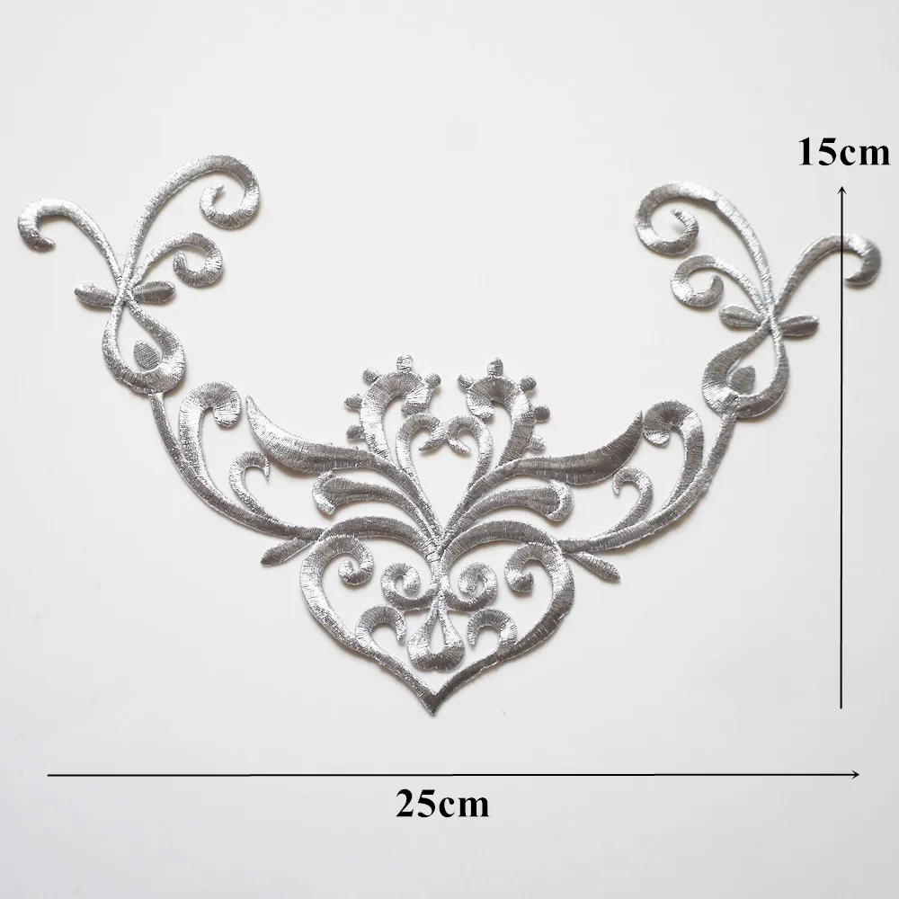 Silver Embroidery Baroque Flower Heart Appliques Bridal Gown Fabric Iron Sew On Patch For Wedding Clothes Dress Decor DIY Crafts