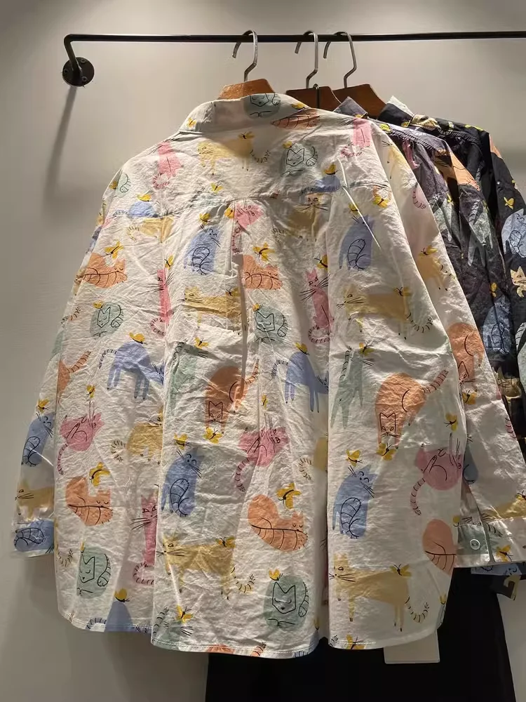 2026 Mori kei harajuku fashion cartoon printed long sleeve blouses oversized shirts for women autumn cotton oversized shirts