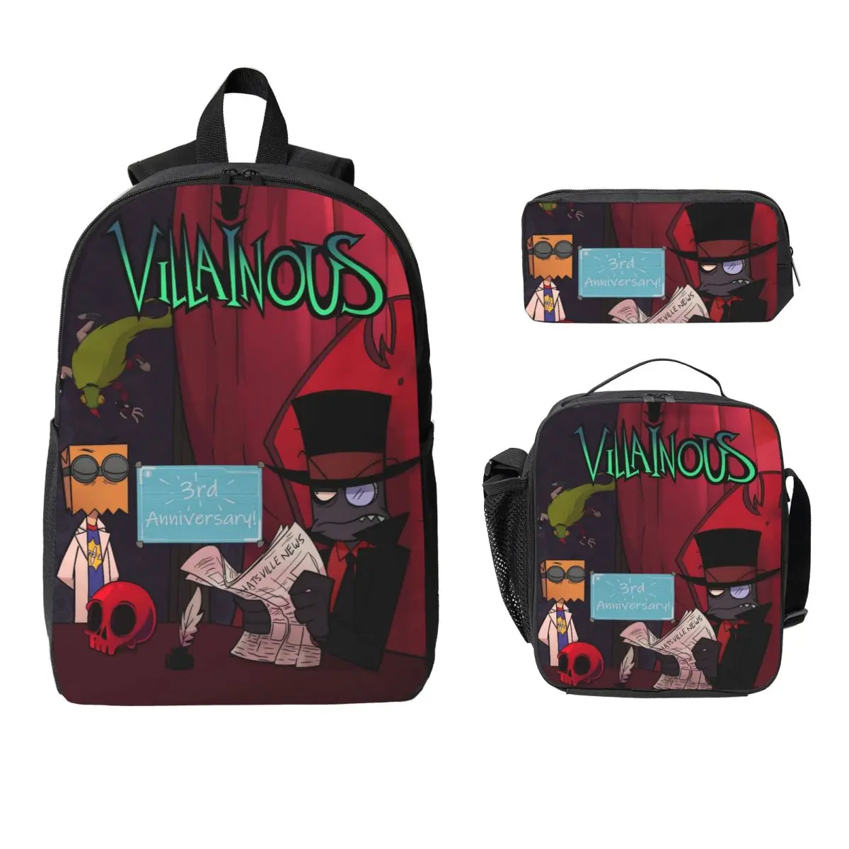 3Pcs Villainous Comdy Theme School bags Set for Boy Girl Pen Bags Backpack Sets with Lunch Box For School Students Daypack
