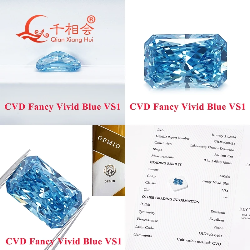 CVD diamond Fancy Vivid Blue 1.6ct-2ct VS1 clarity radiant shape GEMID certificated lab grown diamond loose stone