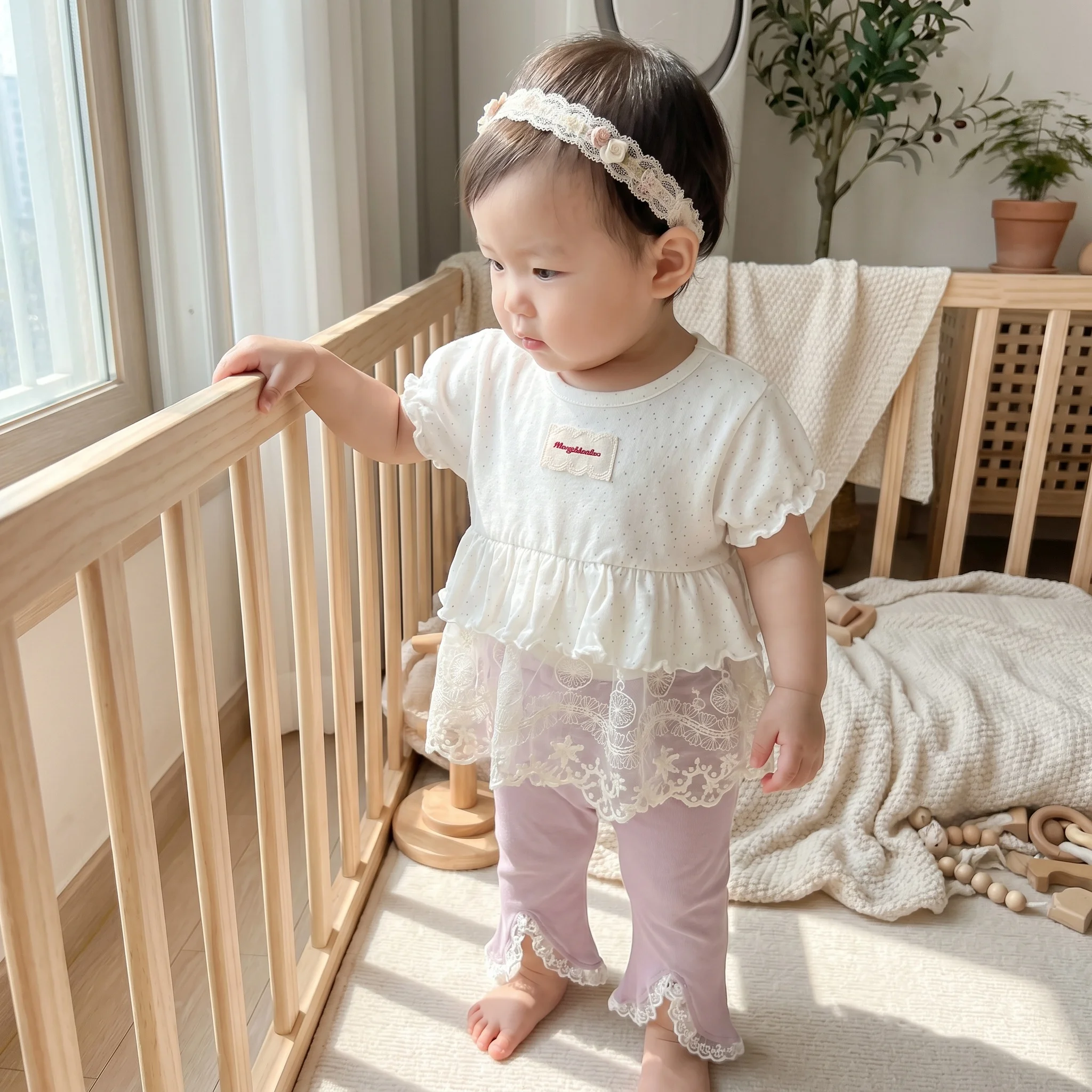 6-24M Summer Toddler Girls Outfit Polka Dot Ruffle Top+Lace Trim Flared 9 Pants 2Pcs Clothes Casual Cotton Infant Set