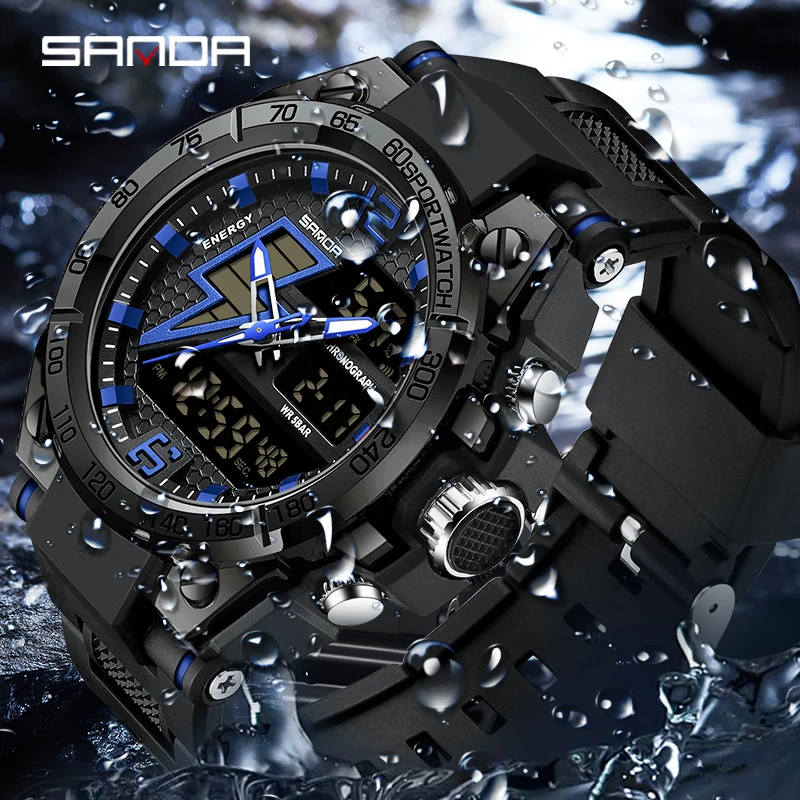 SANDA Military Waterproof Men\'s Watches Sport LED Electronic Quartz Wristwatch 2Time Stopwatch Alarm Digital Clock Reloj Hombre