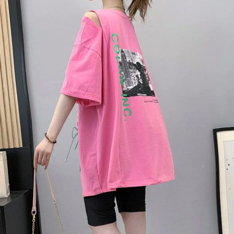 DAYIFUN O Neck Off Shoulder Short Sleeve Tshirts Women Summer Letter Print Irregular Slit Design Tees 2024 Loose Oversized Tops