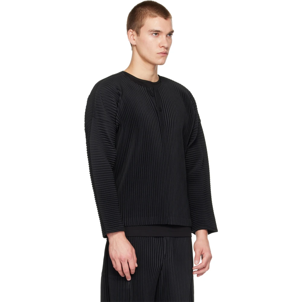 Miyake Pleated Henley Pullover for Men, Long Sleeve Button O-Neck Shirt, Smart Casual Top
