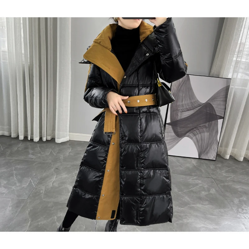 2023autumn Winter Glossy Black Women Long Over-the-knee Down White Duck Down Jacket Women New Women  Stitching Coat Thickened