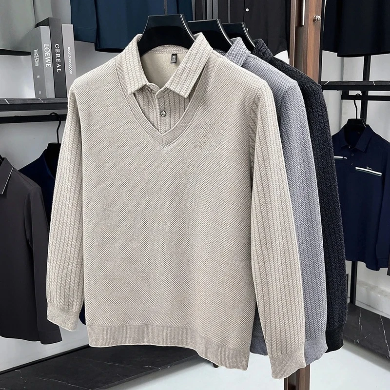 

Luxury Thermo Print Brand Knitted Wool Liner Plush Stripes Patchwork Label Polo Collar Sweater Menswear Thickened
