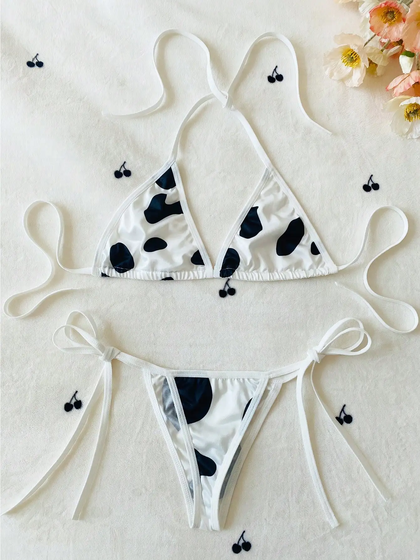 

White & Black Spot Print Triangle Bikini Set with Adjustable Straps