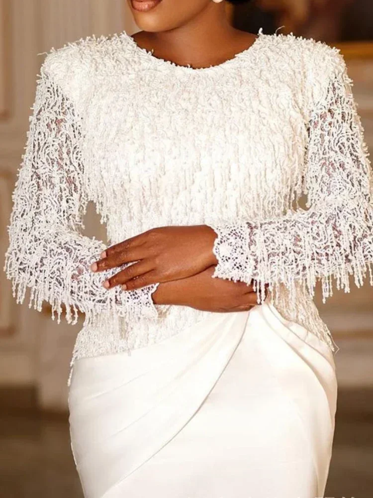 Women White Dresses Formal Long Sleeve Crew Neck Tassels Lace Stitching Midi Dress Evening Gown Spring 2023 Vestido Feminino