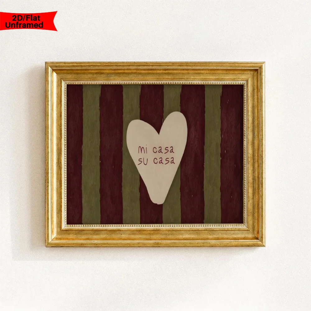 2D Flat, 2D Flat, Wall Art, Vintage Posters, Mi Casa Su Casa Quotes Canvas Print, Khaki And Burgundy Striped Text Art Print,