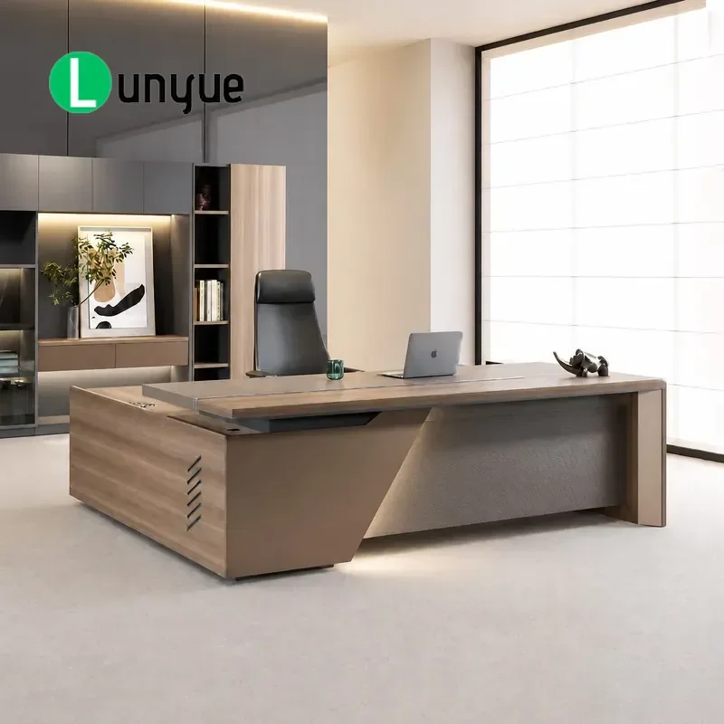 L Shaped Office Desk with Large Capacity Storage Side Cabinet Modern Wooden Boss Desk Durable Waterproof Computer Workstation