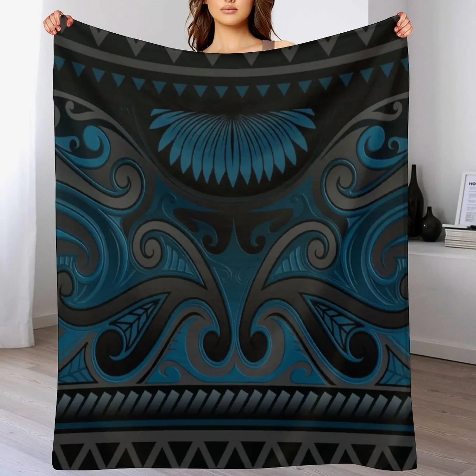 

Blue Grey Ornate Maori Design, New Zealand Throw Blanket Fluffy Cozy Throw Blanket for Home Decor